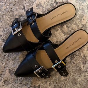 Sincerely Jules Black Double Buckle Mule Flats